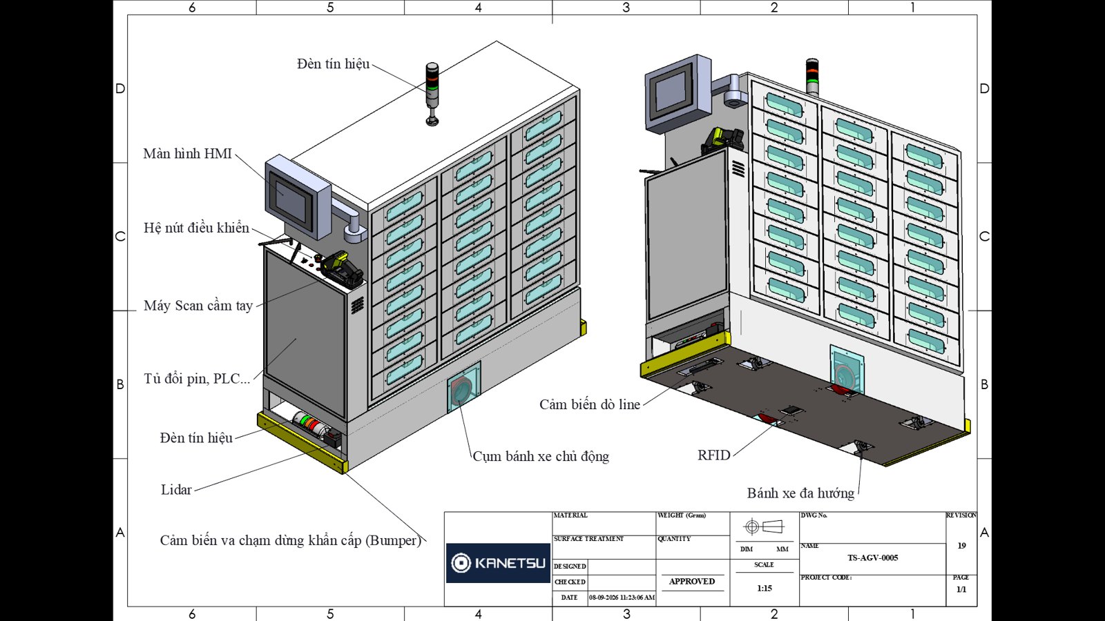 Bản vẽ kỹ thuật xe AGV có kệ chứa vật tư